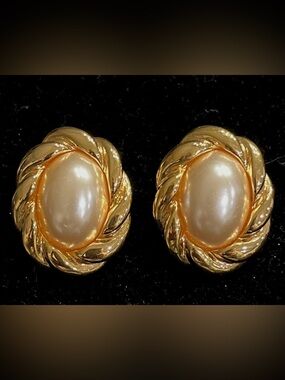 Napier Gold and Cream Pearl Cabochon Twist Stud Earrings